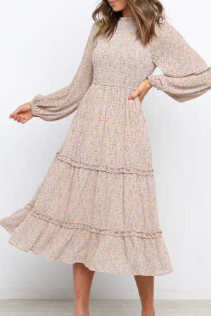 Apricot Ruffled Neck Lantern Sleeve Tiered Floral Dress ed725