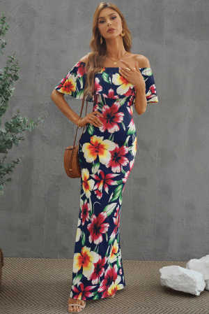 Navy Blue Roses Print Off-the-shoulder Maxi Dress 3cbbc