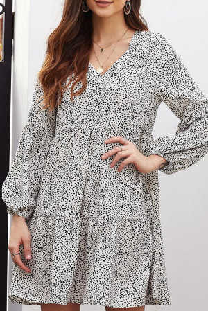 White Leopard Ruffle V-Neck Flowy Loose Tunic Dress 20d4e