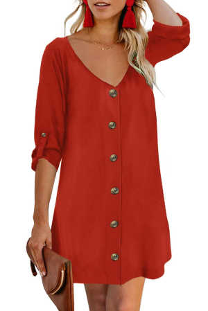 Red V Neck Button Front Roll up Tab Sleeve Dress a5c89