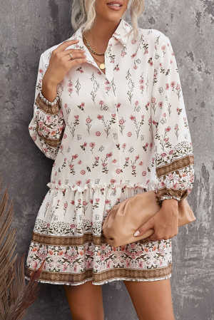 Floral Print Puff Sleeve Buttoned Shirt Mini Dress 101e6