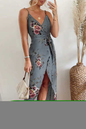 Gray Floral Wrap Maxi Dress With Slit 07985