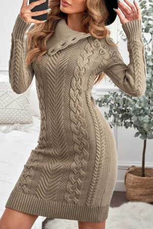 Asymmetric Buttoned Collar Apricot Bodycon Sweater Dress 4b369