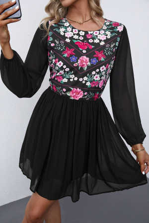 Black Floral Mesh Splicing Lined Flowy Dress d146b