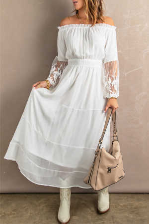 White Off Shoulder Embroidered Flared Sleeve Lace Maxi Dress 72815