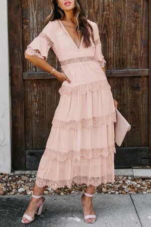 Pink Swiss Dot Print See-through Lace Patch Layered Long Dress 3c3b3