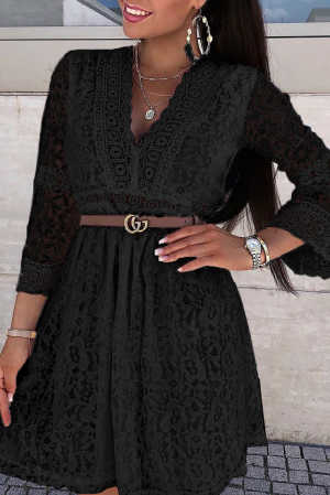 Black Lace V Neck See-through Sleeve Mini Dress 198eb