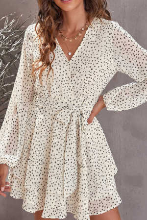 Beige V Neck Baggy Sleeve Waist Tie Double Layer Ruffle Hem Dotted Print Short Dress 7a623