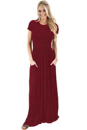 Wine Short Sleeve Ruched Waist Maxi Dress 4b77b